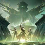 Eris morn in the background. 3 guardians in the centre standing on a plate. Warlock holds eris' staff up high
