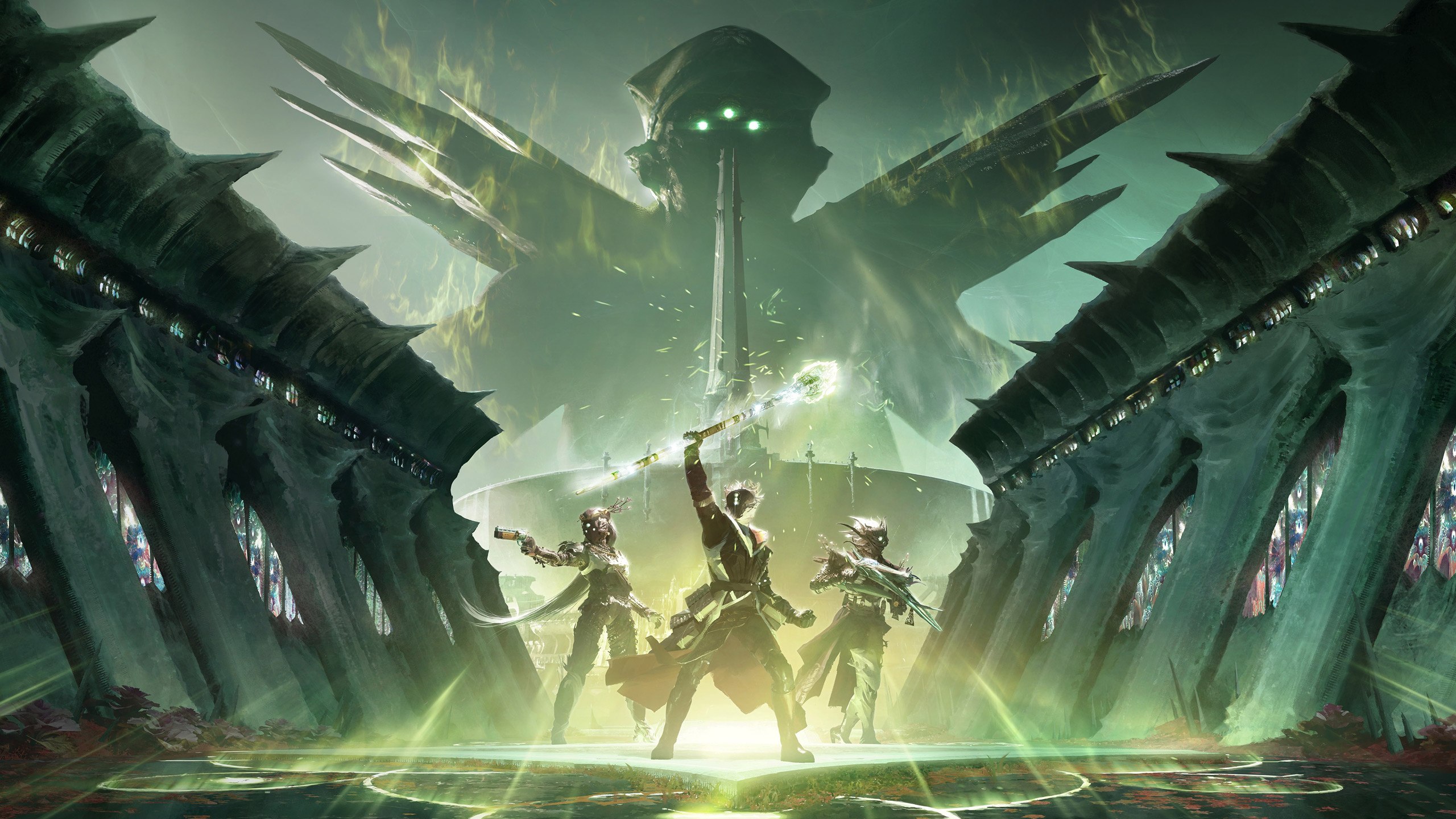 Eris morn in the background. 3 guardians in the centre standing on a plate. Warlock holds eris' staff up high